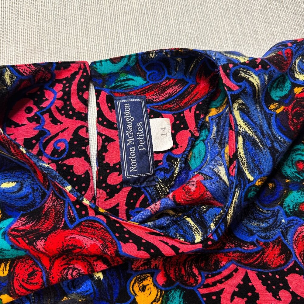 Vintage Norton McNaughton Petites 80's 90's Colorful Art-to-Wear Rayon Top Sz 14 - Picture 2 of 7